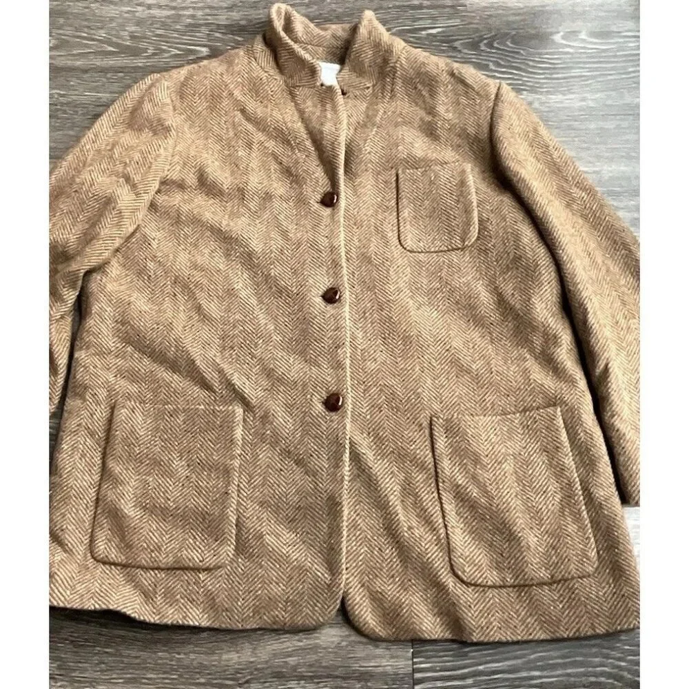 Liz Claiborne Vintage Women’s 14 Tan Charcoal Wool Bl Chunky Tweed Blazer Jacket